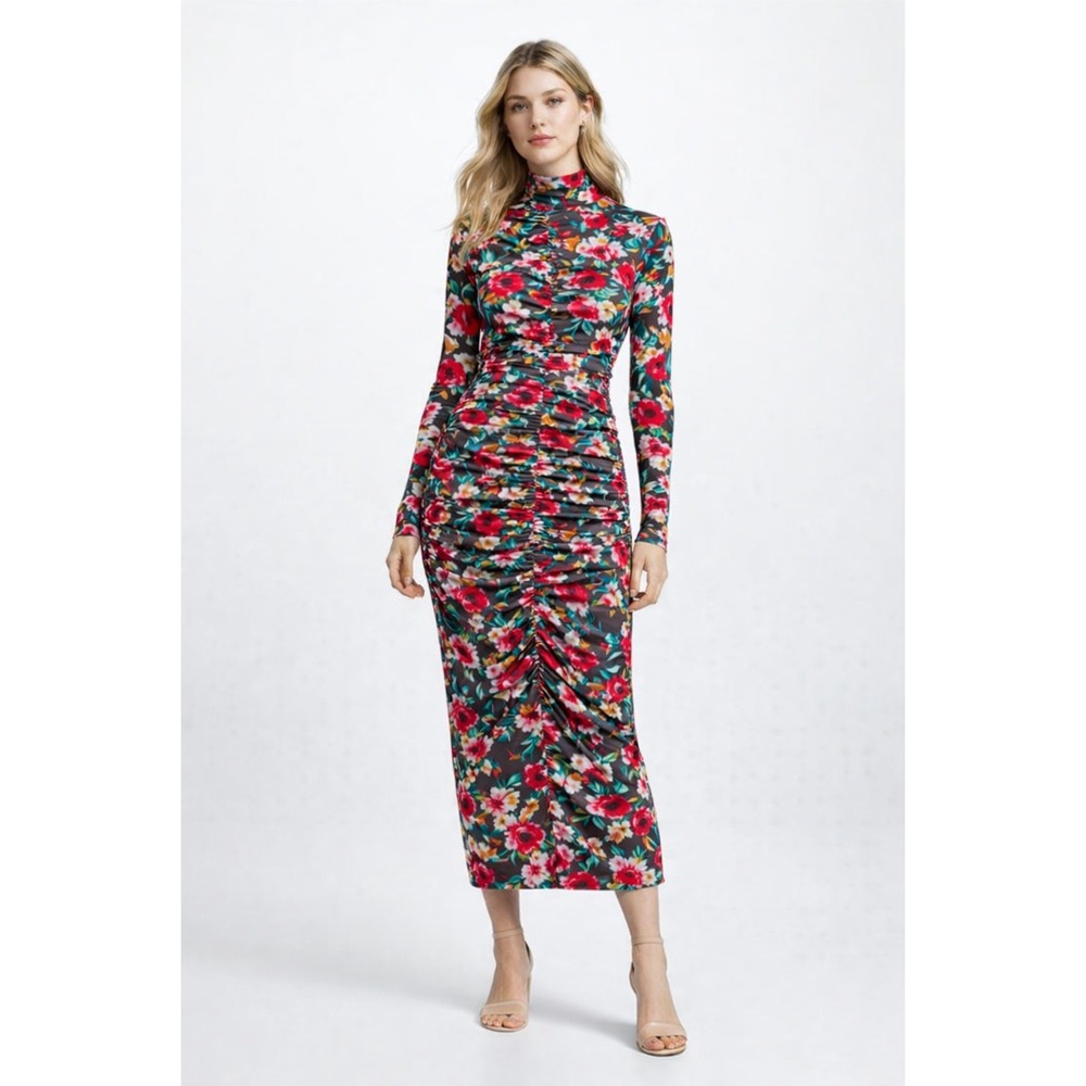 Essentiel Antwerp Women's Campine Floral Ruched Mock Neck Skirt Set Pink- 2